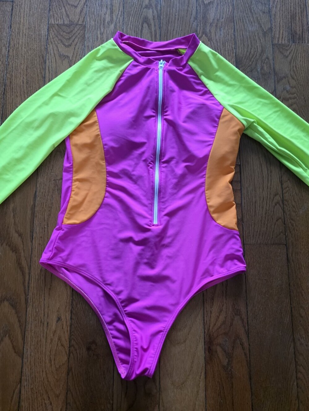 Neon Colorblock Long Sleeve One-Piece Swimsuit - Pink, Lime & Orange